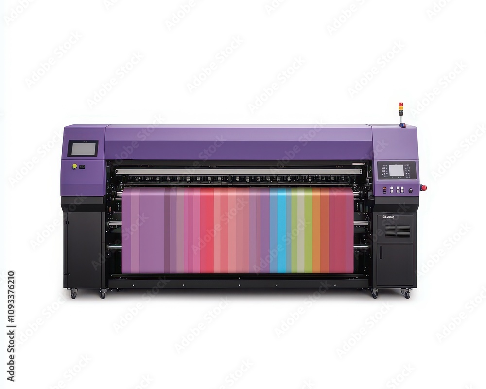 Poster a large, modern printer showcases vibrant color patterns, highlighting its capability for high-quali