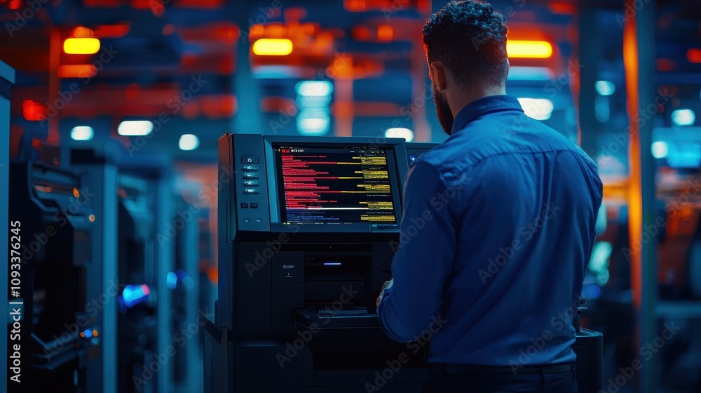 Poster a person operates a high-tech machine in a dimly lit environment filled with colorful lights, sugges