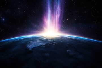 A bright light is seen in the sky above a planet