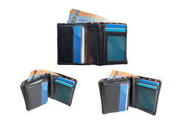 black leather wallet with credit cards and banknotes isolated on white background
