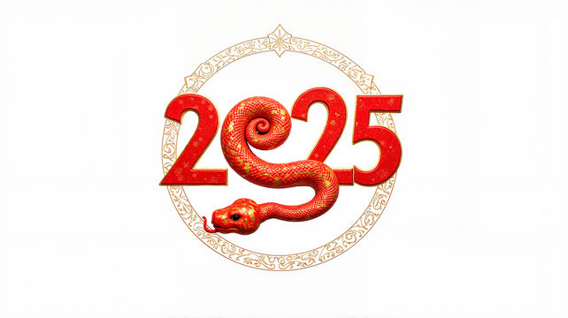 Festive red snake encircling 2025 in ornate circle design