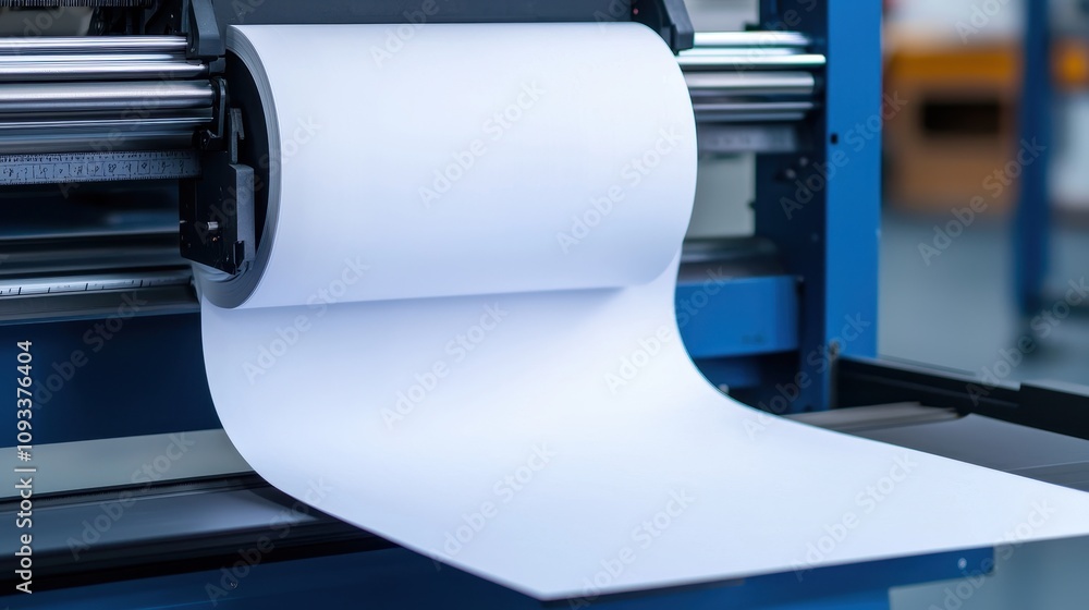 Poster a close-up view of a printing machine with a roll of blank paper being fed through, showcasing the p
