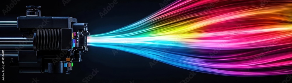Poster a vibrant display of colored light emanates from a nozzle, creating dynamic streaks against a dark b