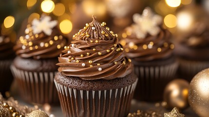 Chocolate cupcakes topped with Christmas designs in a cozy dessert table setup styled with warm golden lighting