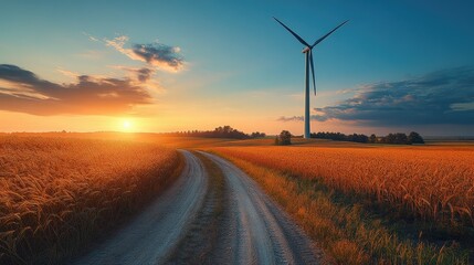 Obraz premium A serene landscape featuring a dirt road, fields, and a wind turbine at sunset.