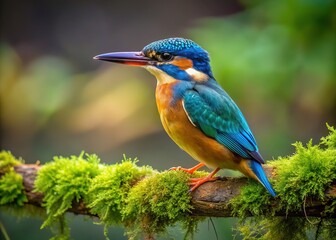 Fototapeta premium Macro view: kingfisher on a mossy limb, wildlife detail.