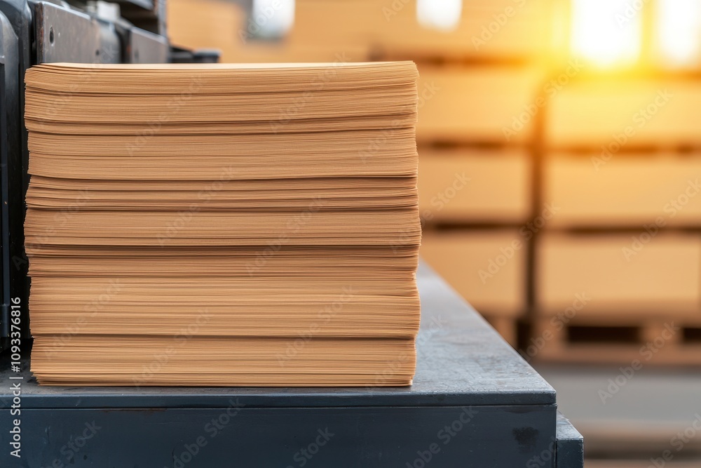 Poster a stack of neatly arranged papers in a warehouse, illuminated by warm sunlight, emphasizing a produc