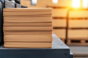 A stack of neatly arranged papers in a warehouse, illuminated by warm sunlight, emphasizing a productive and organized work environment.