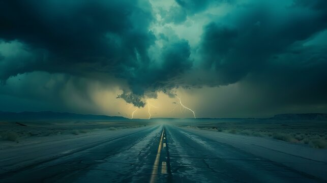 A desolate highway leading into a horizon consumed by a turbulent storm, with flashes of lightning illuminating the dark, rolling clouds