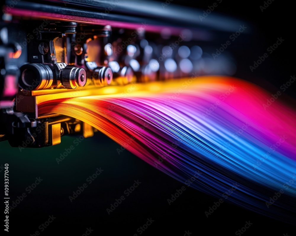 Poster a vibrant, close-up view of a printing mechanism, showcasing colorful materials being ejected, empha