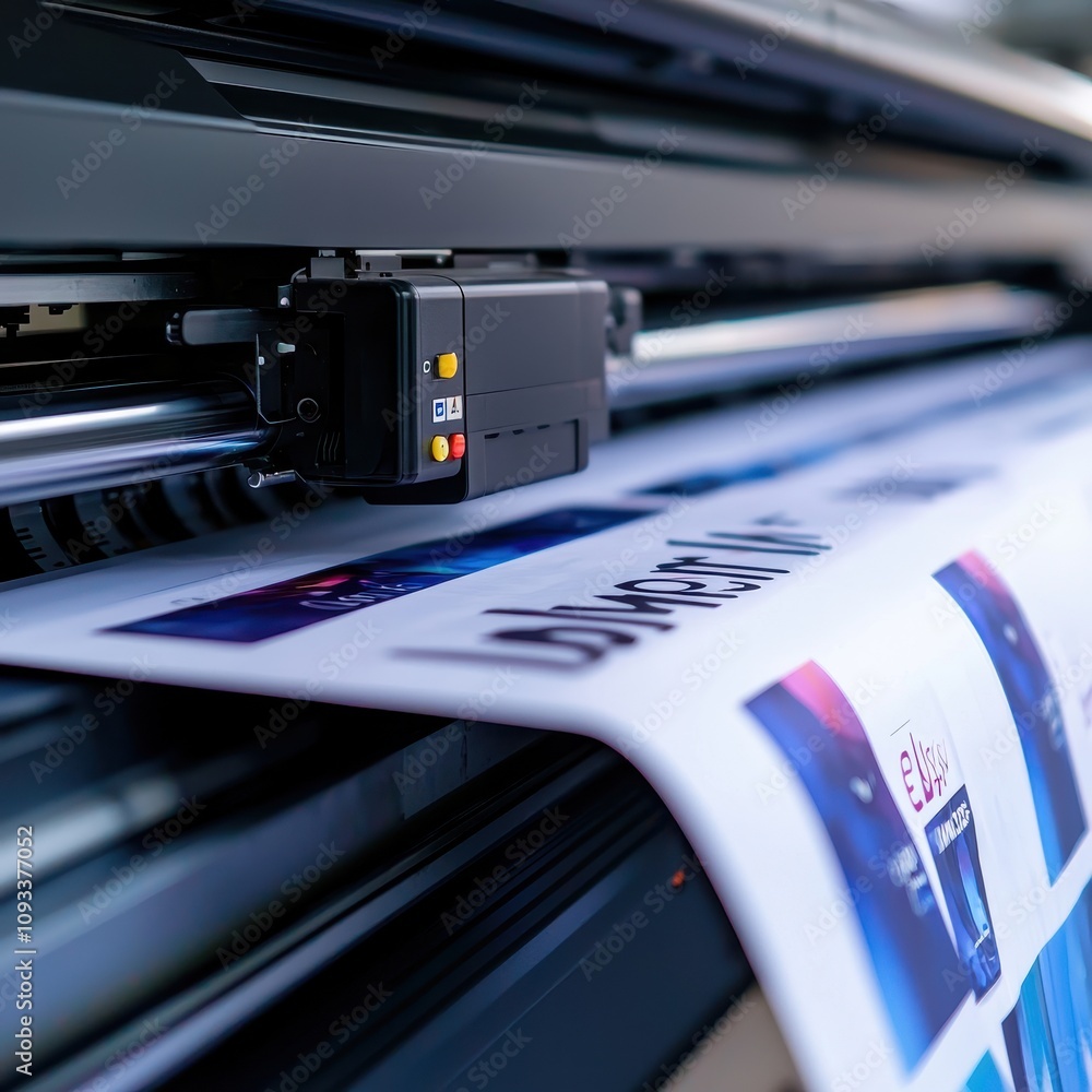 Poster a high-resolution printer with a colorful printout in progress, showcasing vibrant graphics and clea
