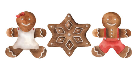 Gingerbread man, gingerbread star. A set of illustrations with Christmas sweets are hand-painted in watercolor on a white background. For packaging design, greeting cards, gifts, holiday, invitations