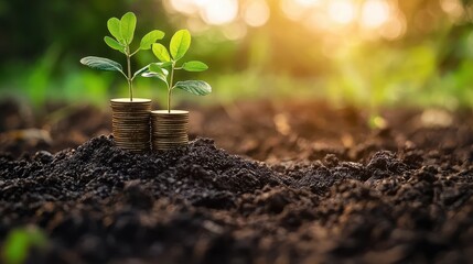 A small plant growing from soil, surrounded by coins, symbolizing financial growth and sustainability in a natural setting.