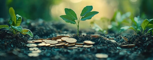 A small plant grows from soil scattered with coins, symbolizing the connection between nature and financial growth.