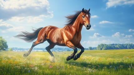 Obraz premium A chestnut horse gallops in a sunny field, surrounded by wildflowers and drifting clouds.