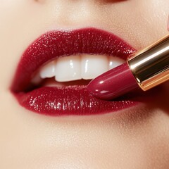 Obraz premium Close-Up of Glamorous Rich Velvety Lipstick Being Applied to Beautiful Lips, Showcasing the Shine and Texture of the Cosmetic