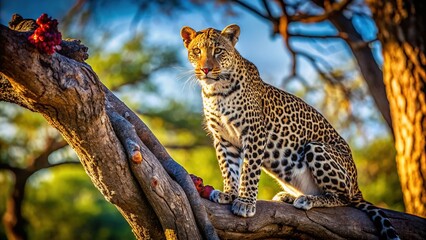 Fototapeta premium Minimalist prey, leopard in tree, nature's silent dance.