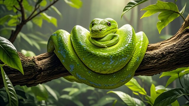 Green tree python coiled on a branch in lush rainforest.
