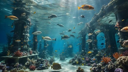 Fototapeta premium Underwater Exploration Revealing Vibrant Coral Reefs and Diverse Marine Life in a Sunlit Ocean