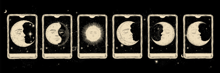Vector illustration set of moon phases. Different stages of moonlight activity in vintage engraving style. Zodiac Signs	