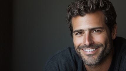 Obraz premium Pewny siebie mężczyzna z nienagannym wyglądem i przyjaznym uśmiechem, idealnie łączący wdzięk i naturalność w swojej postawie.