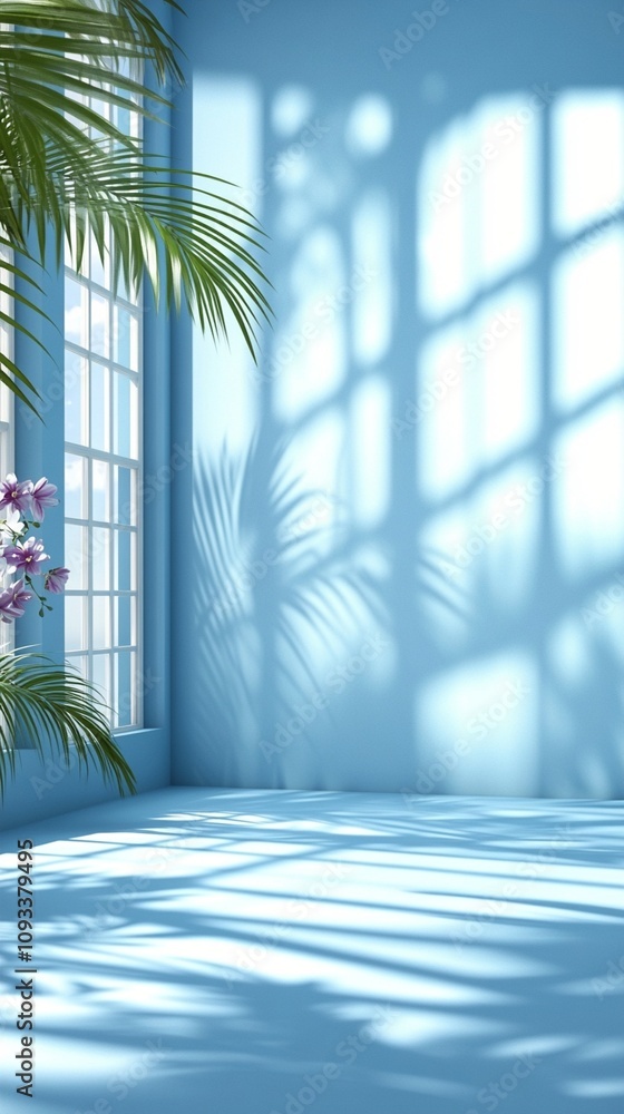 Poster sunlight casts intricate shadows through a window onto a serene blue wall, creating a mesmerizing in