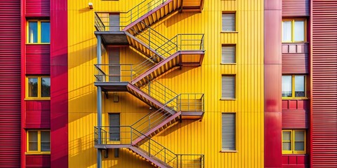 Fototapeta premium Modern, yellow-toned building; a fire escape, architectural artistry.