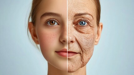 A striking visual comparison of youthful and aged skin, showcasing the dramatic effects of time on human facial features and complexion over decades.