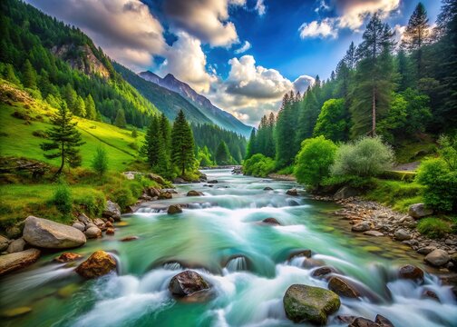 Nature park's lush valley: Munzur River rafting, long exposure shot.