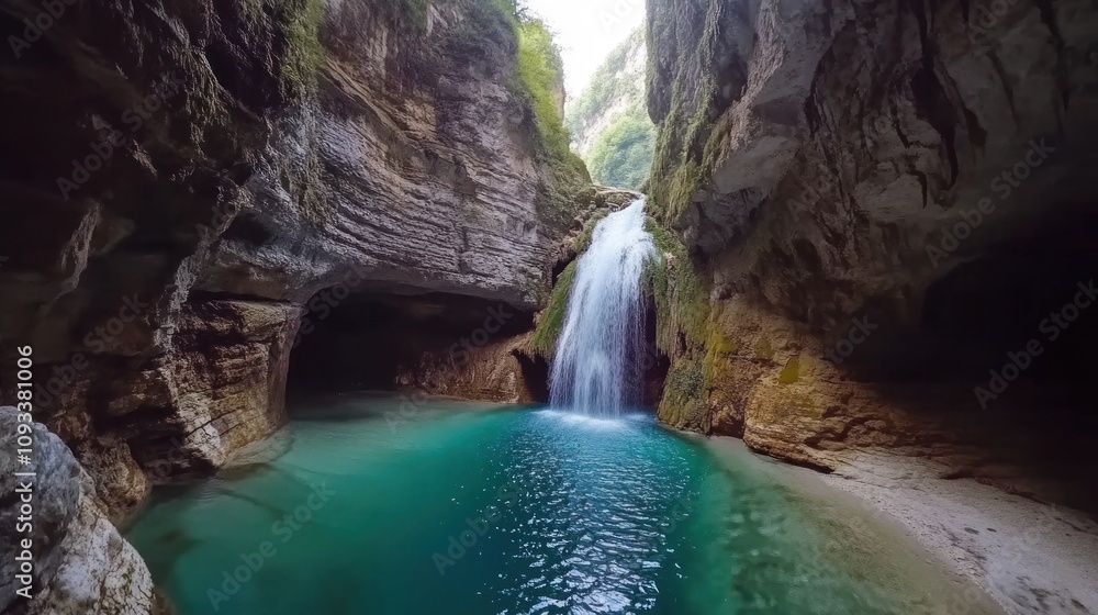 Poster serene waterfall flows gently into turquoise pool surrounded by lush green cliffs and rocky formatio