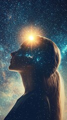 Obraz premium Silhouette of a woman's profile against a starry night sky, with a bright cosmic light emanating from her forehead, symbolizing inner wisdom and universal connection.