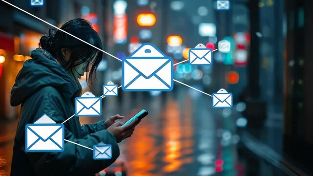 Message concept: video featuring envelopes symbolizing communication, from mobile phone SMS to messenger chats, email exchanges, capturing the essence of modern connectivity and interactive dialogue.