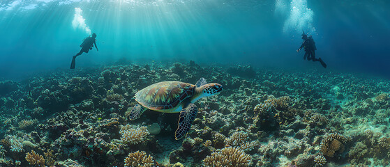 Fototapeta premium High resolution photograph of sea turtle swimming gracefully among vibrant coral reefs, with divers exploring underwater world