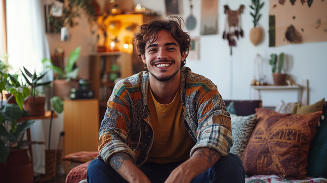 Fototapeta Uśmiechnięty mężczyzna w domowym otoczeniu w stylu boho, z miękkimi dywanami, wzorzystymi poduszkami i delikatnym światłem.