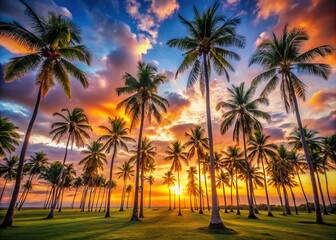 Palm trees bathed in golden sunset light, AI photorealism.