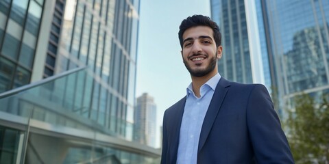 A young man in a suit smiles confidently in an urban setting.