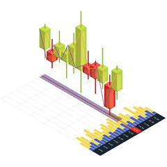 isometric chart of cryptocurrency candles in exchanges on a white background. Analysis of investment trading in cryptocurrencies, stocks, and forex. Vector illustration.