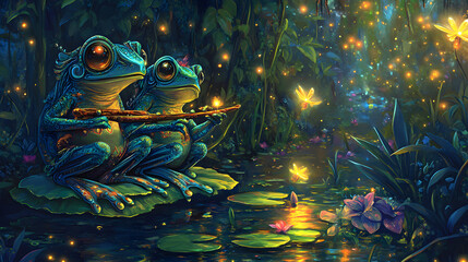Two Humanoid Frogs Engaged in a Musical Duel on a Lily Pad in an Enchanted Forest Surrounded by Fireflies