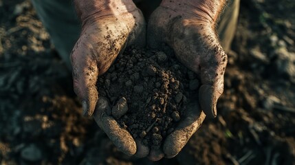 Obraz premium Fertile soil cradled in the hands of an agriculturist. A close-up of a farmer's hands, holding nutrient-rich, sun-kissed soil, symbolizing the essence of agriculture and the vitality of the land