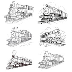 Line Drawing Locomotive Train Silhouette, Line Art Old Fashion Train Silhouette