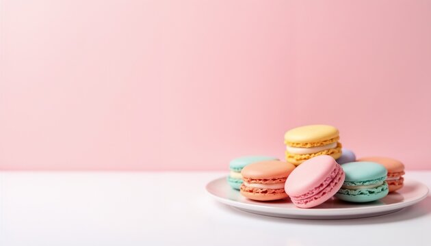 Colorful macarons arranged on a plate against a pastel pink background