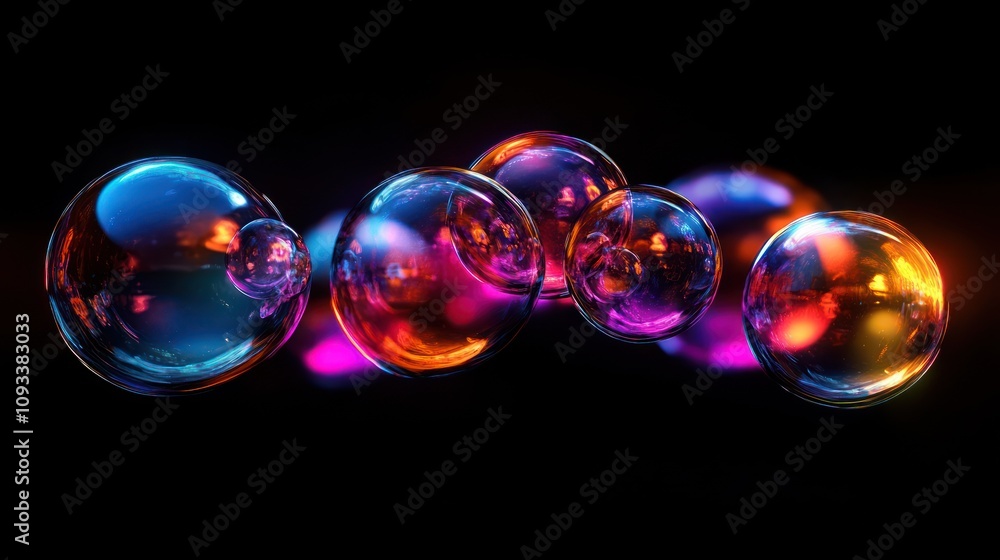 Poster vibrant illuminated spheres float in dark space