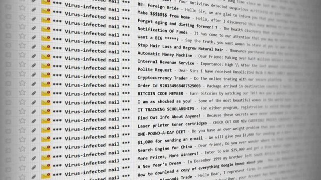 Email inbox screen showing multiple virus-infected messages with suspicious subject lines. Slow vertical scroll reveals phishing attempts, security alerts and scam notifications.
