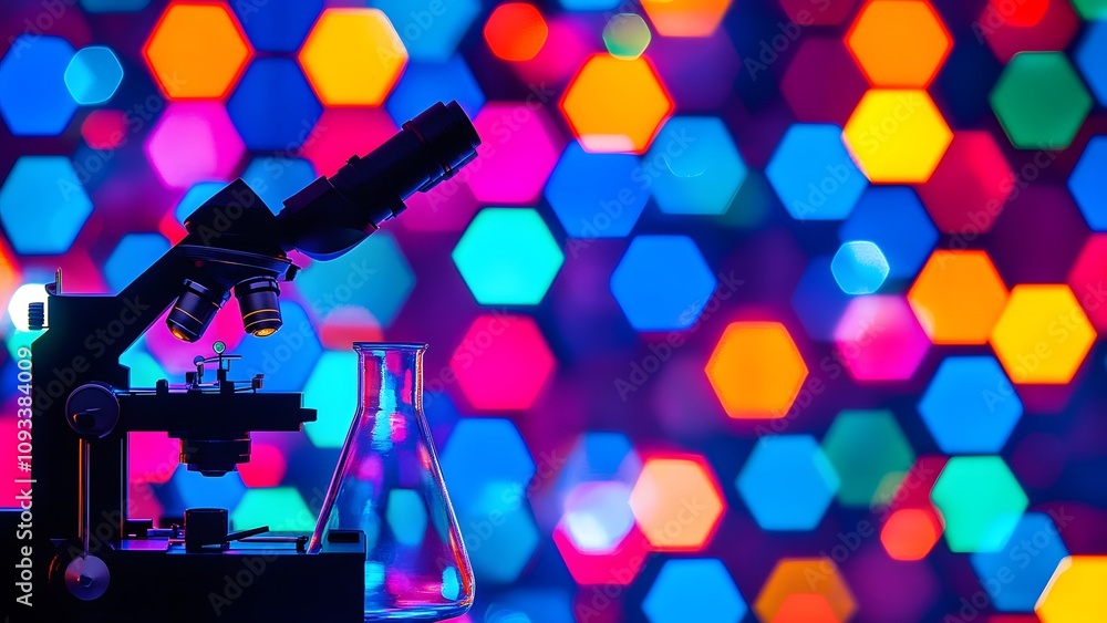 Poster vibrant science: a microscope and flask glow against a backdrop of colorful hexagons, illuminating t