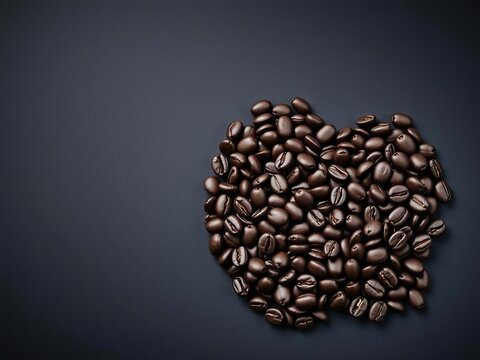 Heart-shaped pile of dark roast coffee beans against a dark and moody background, espresso hearts, coffee display, cup of joe