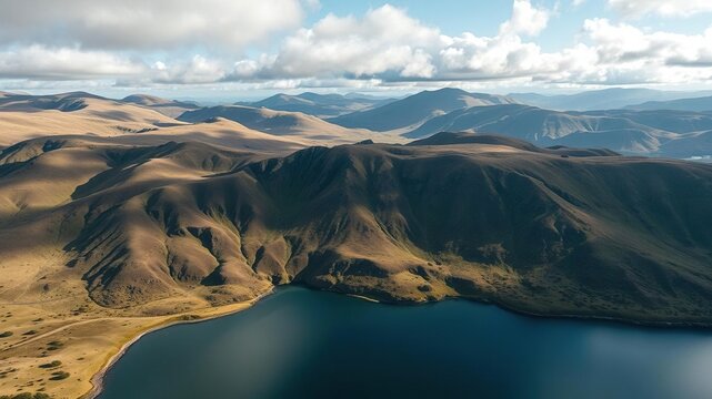High angle shot of landscape in Poolewe Achnasheen Highlands Scotland, mountain peaks, rocky outcrops, scotland