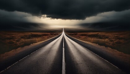 Naklejka premium Long road stretching to the horizon under a dramatic sky.