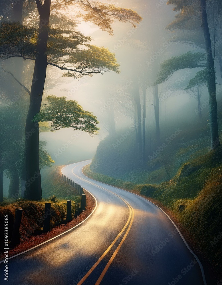 Wall mural Misty morning road winding through a lush forest. Serene and magical.