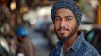 Fototapeta premium Young man wearing a turban smiles confidently in a bustling market street filled with vibrant activity. Generative AI