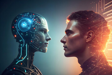 A split-frame image symbolizing the dual nature of AI, with one half depicting a glowing futuristic robot head made of circuits and the other a vibrant human face 